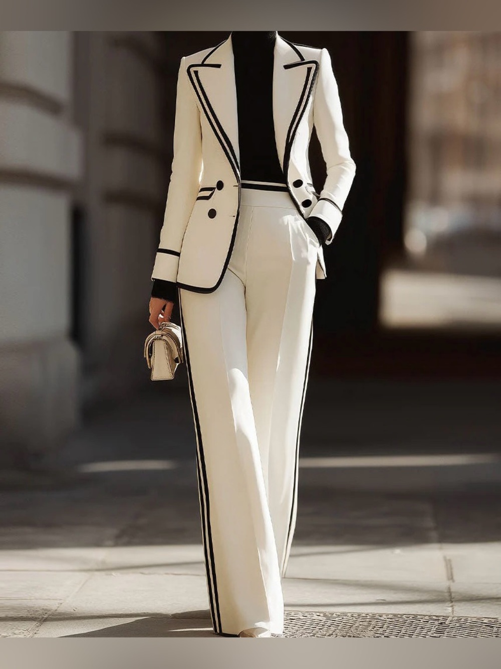 Cream Wide-Leg Trousers with Black Side Stripe - Women's